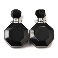 Обсидиан Кулоны для духов из натурального обсидиана, с 304 фурнитурой из нержавеющей стали, граненые, восьмиугольные прелести, цвет нержавеющей стали, 39~40x24~25x11~12 мм, отверстие : 1.8 мм