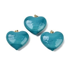 чирок Подвески лэмпворк ручной работы, с реечной накладкой из латуни с золотистым напылением, долговечный, шарма сердца, зелено-синие, 28.5x30.5x12.5 мм, отверстие : 6 мм