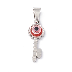FireBrick 304 Stainless Steel Resin Pendants, Key Charms with Evil Eye, Stainless Steel Color, FireBrick, 23x8.5x4mm, Hole: 6.5x3mm