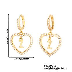 Letter Z Латунные серьги-кольца в форме сердца, с четким кубического циркония, золотые, Письмо Z, 31x18 мм