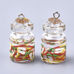 Colorful Glass Bottle Pendants, with Resin & Polymer Clay & Iron Findings, Apple, Platinum, Colorful, 28~29x15mm, Hole: 2mm
