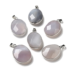 Gainsboro Natural Agate Dyed Pendants, Brass Faceted Oval Charms, Platinum, Gainsboro, 32x23.5x11.5mm, Hole: 7.6x3.8mm