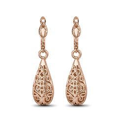 Rose Gold SHEGRACE Fashion Real 18K Gold Plated Dangle Brass Leverback Earrings, with Hollow Decorative Pattern Drop Pendant, Rose Gold, 40mm, Pin: 1mm