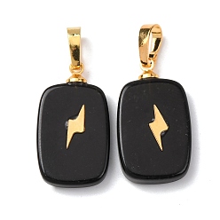 Обсидиан Природные подвески обсидиана, с латунной фурнитурой и 304 кабошонами из нержавеющей стали, золотые, Прямоугольные подвески с узором в виде молний, 23~23.5x13~13.5x3.5~4 мм, отверстие : 7.5x4 мм