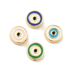 Mixed Color Brass Beads, with Enamel, Cadmium Free & Lead Free, Long-Lasting Plated, Flat Round with Evil Eye, Real 18K Gold Plated , Mixed Color, 10x4mm, Hole: 1.2mm