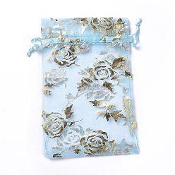 Bleu Ciel Clair Pochettes à bijoux en organza avec cordon de serrage, sacs-cadeaux de fête de mariage, rectangle avec motif rose estampé or, lumière bleu ciel, 15x10x0.11 cm