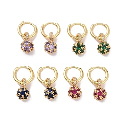 Mixed Color Cubic Zirconia Round Ball Dangle Hoop Earrings, Golden Brass Jewelry for Women, Mixed Color, 25.5mm, Pin: 0.8mm