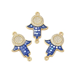 Средно-синий Покрытие стойки латунь микро-паве прозрачный кубический цирконий Хамса звенья для рук подвески-соединители, с эмалью и ракушкой, реальный 18 k позолоченный, долговечный, без свинца и без кадмия, светло-синий, 27x18x2 мм, отверстие : 1.5 мм