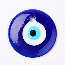 Blue Handmade Lampwork Evil Eye Pendants, Flat Round, Blue, 59x8mm, Hole: 6mm
