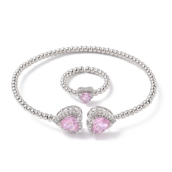 Бледно-Розовый Комплекты браслетов и колец из латуни с микропаве из кубического циркония для женщин, стойки покрытие, платина, розовый жемчуг, браслет: 3~12ширина мм, внутренний диаметр: 61x50 мм