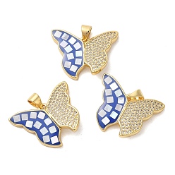 Синий Латунные микро проложить кубического циркония подвески, с эмалью и ракушкой, долговечный, без свинца и без кадмия, реальный 18 k позолоченный, бабочка, синие, 20x25x3 мм, отверстие : 4x5 мм