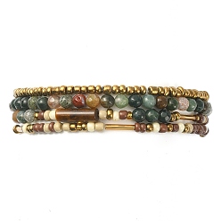 Mixed Stone 4Pcs 4 Style Natural Indian Agate & Tiger Eye & Seed Beaded Stretch Bracelets Set, Stackable Bracelets, Inner Diameter: 2-1/8 inch(5.4cm), 1Pc/style