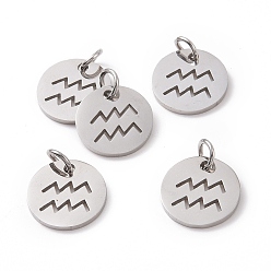 Aquarius 304 Stainless Steel Charms, Flat Round with Constellation/Zodiac Sign, Aquarius, 12x1mm, Hole: 3mm