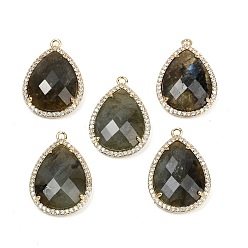 Лабрадорита Ограненные подвески из натурального лабрадорита, стойка покрытие латунь микропаве прозрачный кубический цирконий каплевидные подвески, золотые, 26.5x19.5x7 мм, отверстие : 1.6 мм