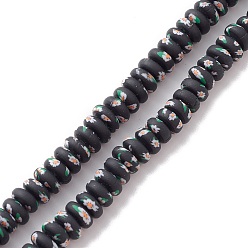 Black Handmade Polymer Clay Beads Strand, Flat Round with Flower, Black, 6~9x4mm, Hole: 1.6mm, about 100~117pcs/strand, 15.51~16.10''(39.4~40.9cm)
