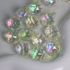 Pale Green UV Plating Rainbow Iridescent Acrylic Pendants, Faceted, Round, Pale Green, 21x16mm