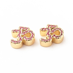 Hot Pink Rack Plating Brass Cubic Zirconia Beads, Cadmium Free & Lead Free, Real 18K Gold Plated, Ohm/Yoga Symbol, Hot Pink, 11x10x4mm, Hole: 1.5mm