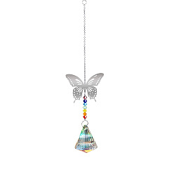 Cone Crystal Glass Suncatchers Prisms Pendant Decorations, Chakra Chandelier Hanging Ornament for Window Sun Catcher with Brass Butterfly Pendant, Cone Pattern, 350mm, Cone: 42x35mm, Butterfly: 50x60mm