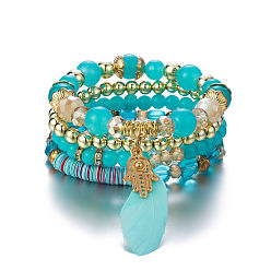 Hulan B0034-13 Bohemian Bracelet Set with Colorful Crystal Beads, Feather and Ethnic Style Jewelry
