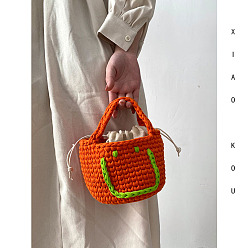 Orange finished bag small size to send inner bag + pearl chain smile smiling face bag hand-woven bag diy material bag cloth strip wool crochet homemade hand bag female