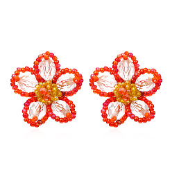 eh210523-1937 Red Boho Handmade Beaded Flower Earrings for Women, Vintage Floral Dangle Studs
