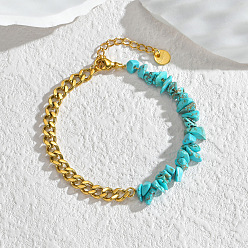 Synthetic Turquoise Synthetic Turquoise Chips Beaded Bracelet, with Golden Stainless Steel Curb Chains, 6-1/4 inch(16cm)