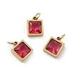 Crimson Vacuum Plating 304 Stainless Steel Pendants, with Cubic Zirconia and Jump Rings, Single Stone Charms, Square, Golden, Crimson, 9.5x8x3.5mm, Hole: 3.4mm