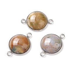 Indian Agate Natural Indian Agate Connector Charms, Half Round Links, with Stainless Steel Color Tone 304 Stainless Steel Findings, 18x25.5x7mm, Hole: 2mm