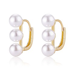 Golden Triple Shell Pearl Beaded Hoop Earrings, Brass Jewelry for Women, Golden, 18x19.3mm, Pin: 1mm