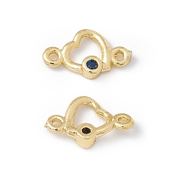 Marine Blue Brass Micro Pave Cubic Zirconia Links Connectors, Real 18K Gold Plated, Heart, Marine Blue, 6x9.5x2mm, Hole: 0.9mm