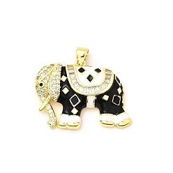Черный Латунные микро проложить кубического циркония подвески, слон, с эмалью, без свинца и без кадмия, долговечный, стойки покрытие, реальный 18 k позолоченный, чёрные, 21x28x6 мм, отверстие : 3.5x4 мм