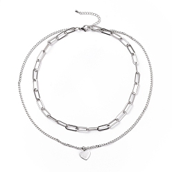 Stainless Steel Color Non-Tarnish 304 Stainless Steel Double Chains Multi Layered Necklace with Heart Charms for Women, Stainless Steel Color, 16.34 inch(41.5cm)