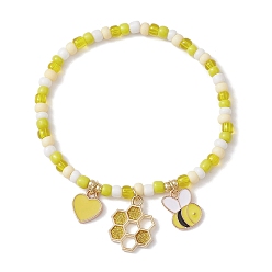 Yellow Glass Seed Beaded Stretch Bracelet, with Alloy Enamel Charms, Yellow, Inner Diameter: 2-1/4 inch(5.6cm)