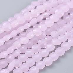 Pink Imitation Jade Glass Beads Strands, Faceted, Flat Round, Pink, 6x4mm, Hole: 1.2mm, about 100pcs/Strand, 23.23 inch(59cm)