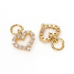Golden Electroplated Brass Micro Pave Cubic Zirconia Charms, with Jump Ring, Long-Lasting Plated, Heart, Clear, Golden, 8x7x1.5mm, Hole: 2.5mm