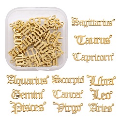 Golden 12Pcs 12 Style 201 Stainless Steel Links, Twelve Constellations, Old English, Laser Cut, Golden, 8.5~11x18~40x1mm, Hole: 1.2mm, 1pc/style
