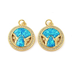 Real 18K Gold Plated Brass Micro Pave Cubic Zirconia with Synthetic Opal Pendants, with Jump Ring, Flat Round with Gesture , Real 18K Gold Plated, 21.5x19x3.5mm