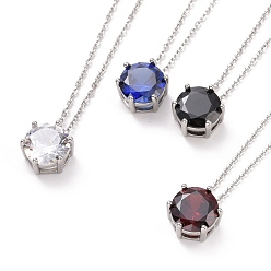 Mixed Color Flat Round Cubic Zirconia Pendant Necklace, Stainless Steel Color Plated 304 Stainless Steel Jewelry for Women, Mixed Color, 17.52 inch(44.5cm)