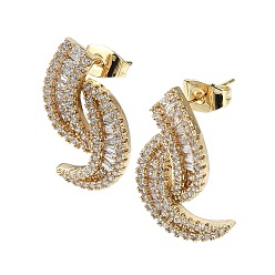 Golden Double Horn Shape Brass Micro Pave Cubic Zirconia Stud Earrings, Long-Lasting Plated, Golden, 22x14mm