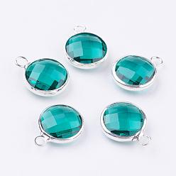 Dark Cyan Silver Color Plated Brass Glass Flat Round Charms, Faceted, Dark Cyan, 12x8.5x3mm, Hole: 1.5mm