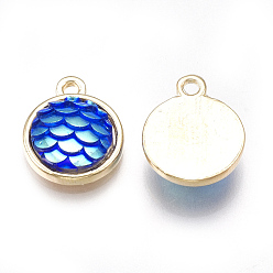 Blue Alloy Resin Charms, Flat Round with Mermaid Fish Scale Shaped, Light Gold, Blue, 15x12x4mm, Hole: 1.8mm