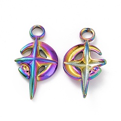 Rainbow Color Ion Plating(IP) 304 Stainless Steel Pendant Rhinestone Settings, Moon with Cross, Rainbow Color, Fit for 0.8mm Rhinestone, 21x11x3mm, Hole: 3mm