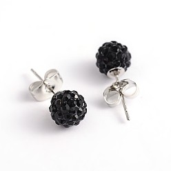 Jet Polymer Clay Rhinestone Ball Stud Earrings, with Steel Pins, Jet, 8~9mm, Pin: 0.8mm