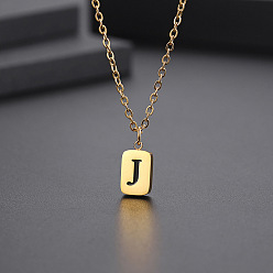 Letter J Titanium Steel Rectangle with Initial Letter Pendant Necklace with Cable Chains for Women, Golden, Letter.J, 17.72 inch(45cm)