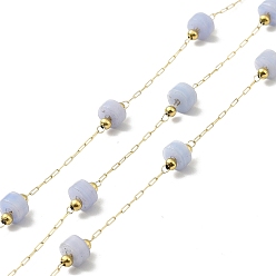 Blue Lace Agate Ion Plating(IP) 316 Surgical Stainless Steel Paperclip Chains, with Natural Blue Lace Agate Column Beads, Soldered, Real 18K Gold Plated, with Spool, Link: 2.5x1x0.3mm