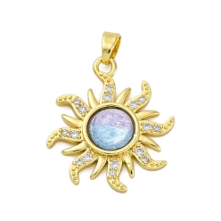 Небесно-голубой Латунные микро проложить кубического циркония подвески, cmолой, солнце, долговечный, без кадмия и без свинца, стойки покрытие, реальный 18 k позолоченный, голубой, 25x22x5.5 мм, отверстие : 5 мм