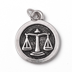 Libra Brass Pendants, with Jump Rings, Long-Lasting Plated, Flat Round with 12 Constellation/Zodiac Sign, Antique Silver, Libra, 18.5x15x2mm, Jump Ring: 5x0.7mm, Inner Diameter: 3.6mm