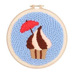 Coconut Brown Ice Cream Pattern Punch Embroidery Beginner Kits, including Embroidery Fabric & Hoop & Yarn, Punch Needle Pen, Threader, Instruction, Coconut Brown, 150mm