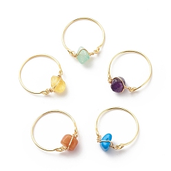 Mixed Stone Gemstone Chips Finger Ring, Copper Wire Wrap Jewelry for Women, Golden, US Size 9 3/4(19.5mm)~US Size 10 1/2(20.1mm)