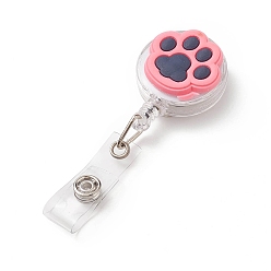 Deep Pink Cat Paw Print PVC Plastic Badge Reel, Retractable Badge Holder, with Platinum Iron Bobby Clip, Deep Pink, 85x32x17mm